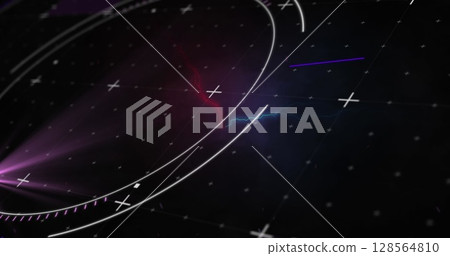Image of circular scanner and scopes over colourful electrical currents on black background 128564810