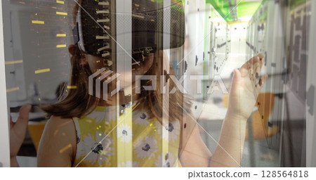 Image of computer server over schoolgirl wearing vr headsets 128564818