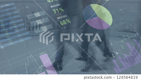 Image of financial data processing over diverse business people walking in modern office 128564819