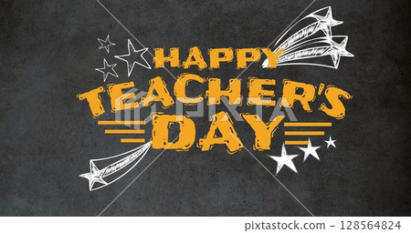 Image of happy teachers day text over star icons and board 128564824