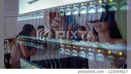 Image of computer server over schoolgirl wearing vr headsets 128564827
