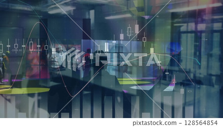 Image of financial data processing over diverse business people dancing in modern office 128564854