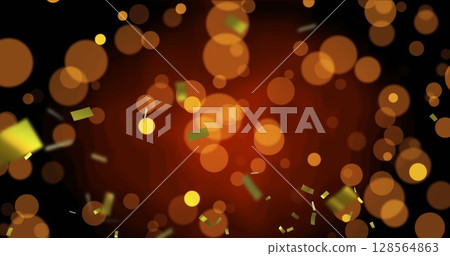 Image of golden dots and confetti falling on burgundy background 128564863