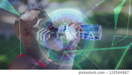 Image of focus and geometrical shapes over fit african american senior man drinking water Image of focus and geometrical shapes over fit african american senior man drinking water 128564867