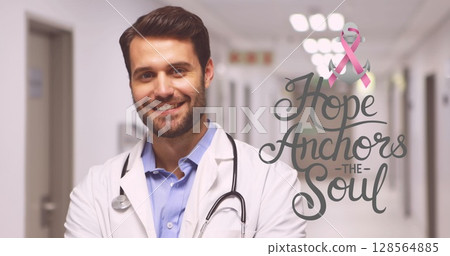 Image of breast cancer awareness text over smiling caucasian male doctor at hospital 128564885