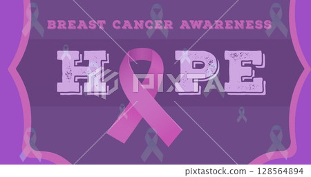 Image of breast cancer awareness text with pink ribbon on purple background Image of breast cancer awareness text with pink ribbon on purple background 128564894