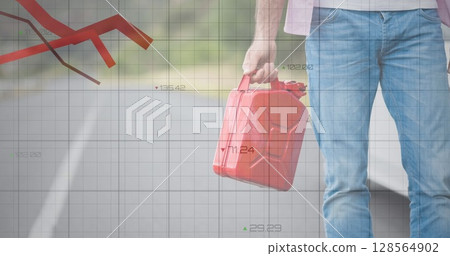 Image of financial data processing over man carrying fuel canister 128564902