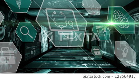 Image of digital interface with data processing and medical icons on black background Image of digital interface with data processing and medical icons on black background 128564913
