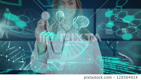 Digital interface with medical data processing against caucasian female doctor holding a stethoscope 128564914