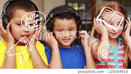 Image of school icons over school children using headphones at school 128564918