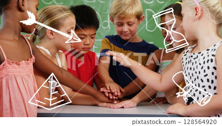 Image of school icons over school children at school Image of school icons over school children at school 128564920