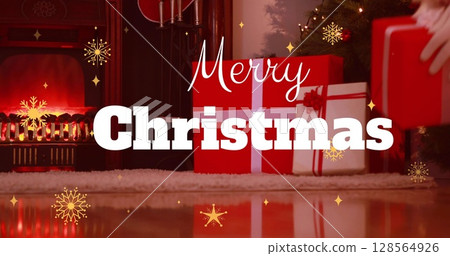 Image of merry christmas text over presents and snow falling 128564926