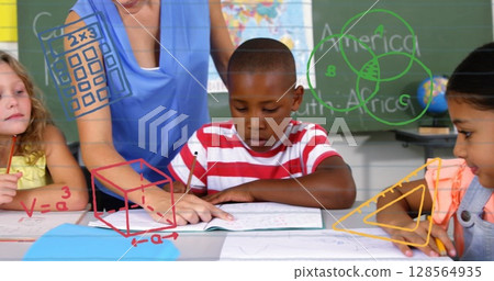 Image of school icons over female teacher and school children at school 128564935