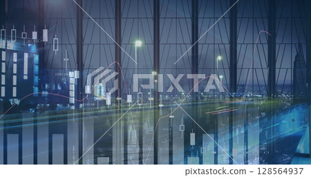 Image of financial data processing over cityscape at night 128564937