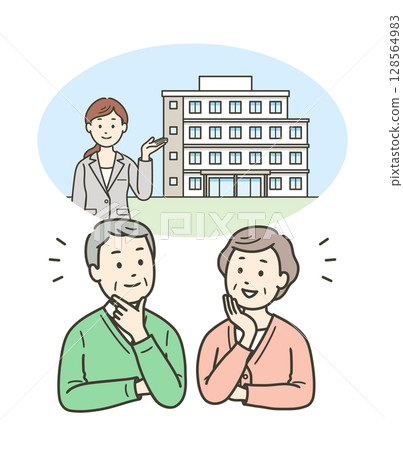 一對老年夫婦考慮搬進安養院或公寓，一位女士引導他們 128564983