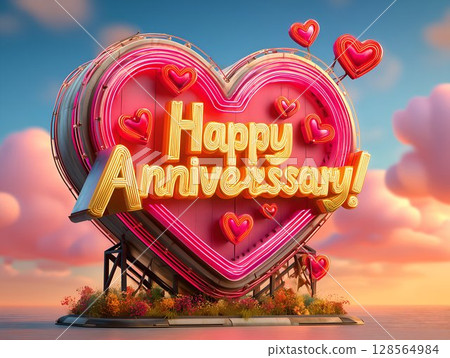 Happy Anniversary Neon Heart Sign Romantic Sunset Celebration Happy Anniversary Neon Heart Sign Romantic Sunset Celebration 128564984
