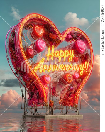 Happy Anniversary! Neon heart floral art, sunset backdrop, romantic. Happy Anniversary! Neon heart floral art, sunset backdrop, romantic. 128564985