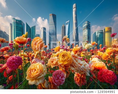 Vibrant Roses Bloom Against Stunning City Skyline, A Breathtaking View 128564991