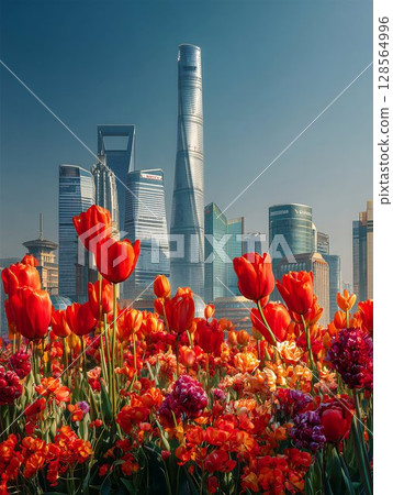 Vibrant Tulips Bloom Before Shanghais Stunning Skyline Vibrant Tulips Bloom Before Shanghais Stunning Skyline 128564996
