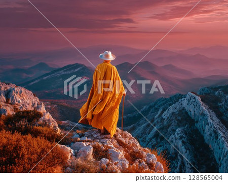Golden Cloak, Sunset Majesty An Elderly Figure Contemplates Mountain Peaks Golden Cloak, Sunset Majesty An Elderly Figure Contemplates Mountain Peaks 128565004