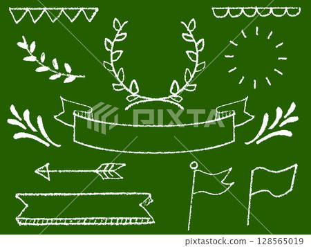 Illustration of a laurel and title ribbon drawn with chalk on a blackboard. A simple and stylish decorative material in a hand-drawn style. Illustration of a laurel and title ribbon drawn with chalk on a blackboard. A simple and stylish decorative material in a hand-drawn style. 128565019