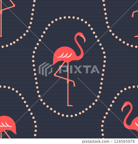 Flamingos vector seamless pattern. Bright pink tropical flamingo birds on dark blue striped background. Exotic retro summer repeat design in mid-century modern style for fabrics, wallpaper, fashion Flamingos vector seamless pattern. Bright pink tropical flamingo birds on dark blue striped background. Exotic retro summer repeat design in mid-century modern style for fabrics, wallpaper, fashion 128565078
