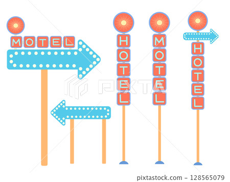 Retro hotel signs vector illustration set. Vintage neon motel road direction sign with arrow and bold letters isolated on white background. Mid-century modern style signboard for vacation design Retro hotel signs vector illustration set. Vintage neon motel road direction sign with arrow and bold letters isolated on white background. Mid-century modern style signboard for vacation design 128565079