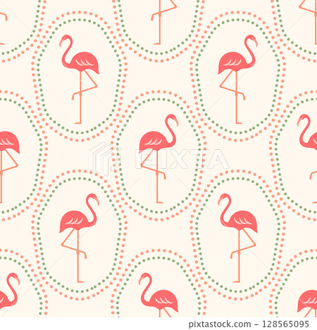 Flamingos vector seamless pattern. Cute bright pink tropical flamingo birds in dotted frames on light background. Exotic retro summer repeat surface design for fabrics, wallpaper, fashion, wrapping 128565095