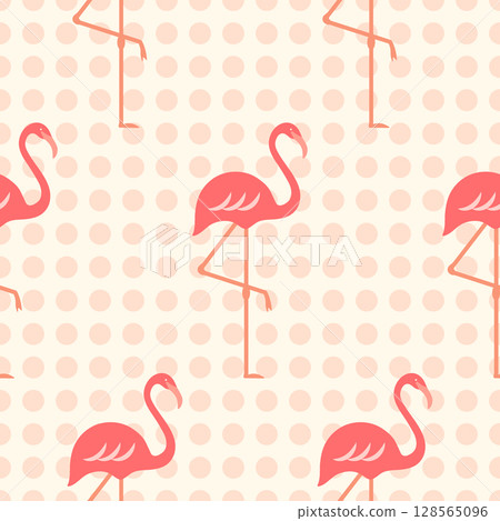 Flamingos vector seamless pattern. Tropical pink flamingo birds on light dotted background. Cute monochrome retro summer surface design. Exotic wildlife repeat tile for fabrics, wallpaper, fashion 128565096