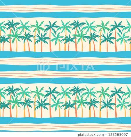 Palm trees vector seamless pattern. Tropical beach design with palms and blue wavy stripes on sand beige background. Exotic summer island vacation repeat tile in flat cartoon style for fabrics, decor 128565097
