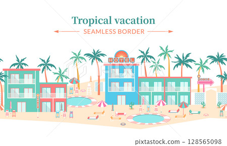 Tropical hotel vector seamless border. Poolside resort landscape frame template with colorful hotel buildings, palm trees, sun loungers, parasols on beach sand background in mid-century modern style 128565098