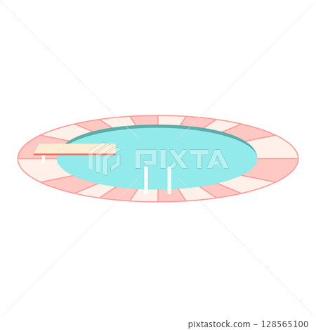 Round swimming pool vector illustration. Cute empty pool with diving board and ladder isolated on white background. Sport leisure activity for kids, summer poolside relaxation, hotel vacation design 128565100