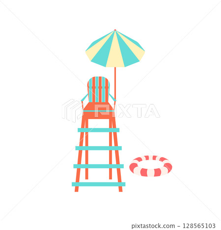 Lifeguard chair vector illustration. Colorful bright high beach life guard chair with striped parasol and swimming ring isolated on white background. Sea, pool swimming safety observation equipment 128565103