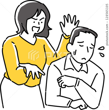 一名女子在一名男子身後抱怨 一名女子在一名男子身後抱怨 128565105