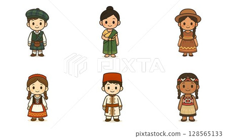一組穿著不同國家傳統服飾的兒童插圖 一組穿著不同國家傳統服飾的兒童插圖 128565133