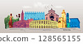 Verona tourist landmarks postcard, Veneto region of Italy. Colorful old houses on the Verona's street at Italy - collage or art design 128565155
