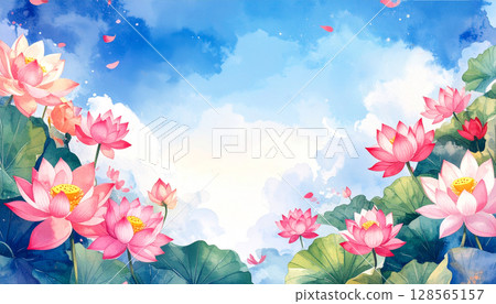 水彩蓮花框與天空背景材料 128565157