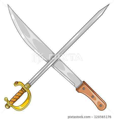Machete and sword Cold weapon with metal blade Machete and sword Cold weapon with metal blade 128565176