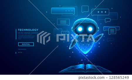 AI Robot or Chatbot with Speech Bubbles Fly Over Opened Book AI Robot or Chatbot with Speech Bubbles Fly Over Opened Book 128565249