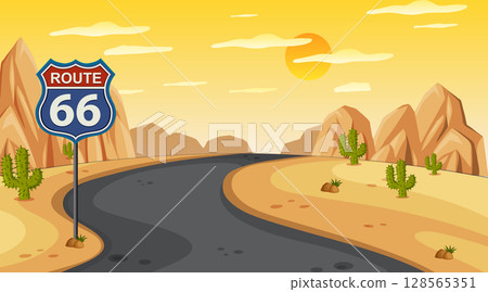 Desert Road on Route 66 at Sunset Desert Road on Route 66 at Sunset 128565351