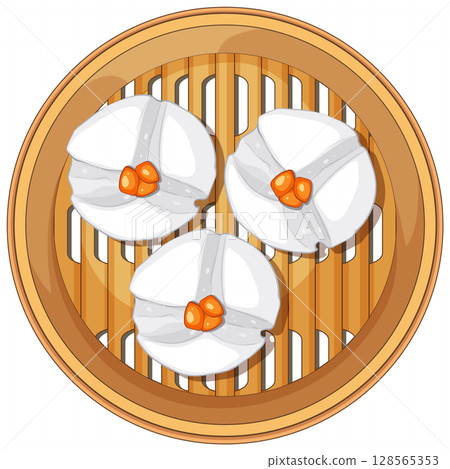 Steamed Dumplings in Bamboo Basket Illustration 128565353