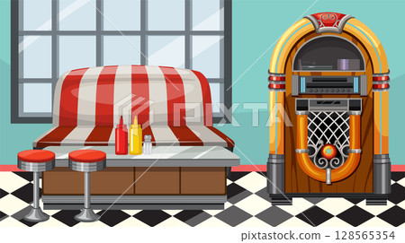 Retro Diner Scene with Jukebox and Booth Retro Diner Scene with Jukebox and Booth 128565354