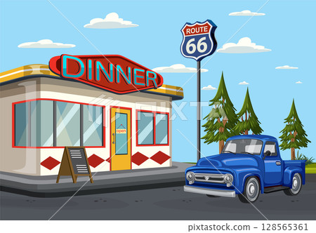 Retro Diner on Route 66 with Classic Truck 128565361
