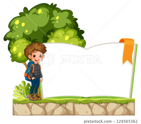 Happy Student Standing Near Open Book Happy Student Standing Near Open Book 128565362
