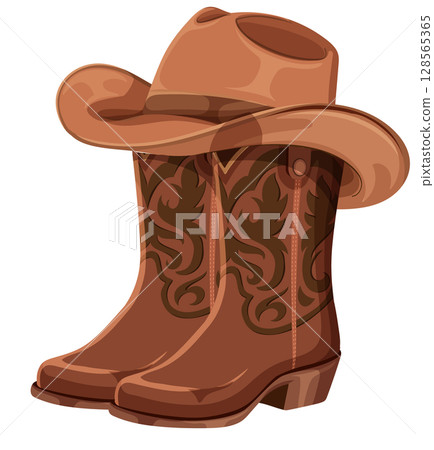 Western Cowboy Boots and Hat Vector Illustration 128565365