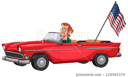 Retro Convertible with American Flag Illustration 128565374