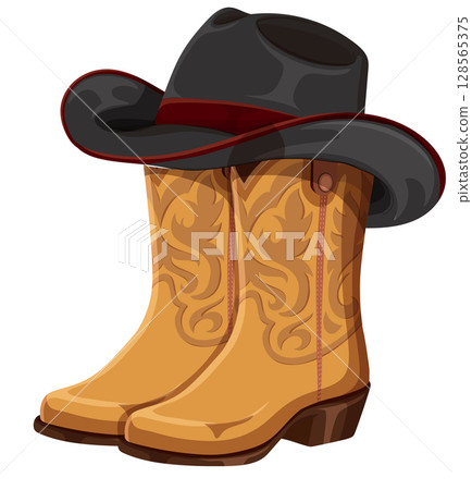 Western Cowboy Boots and Hat Illustration 128565375