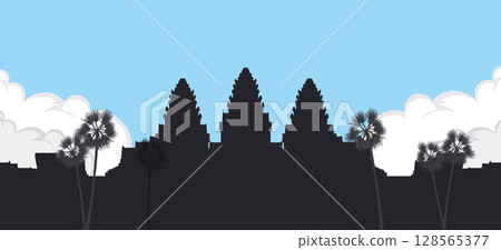 Angkor Wat Silhouette Against Blue Sky 128565377