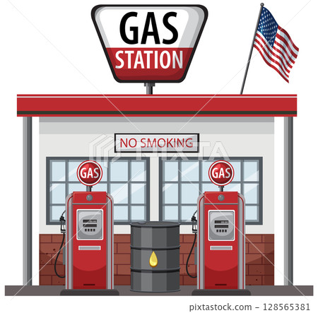 Retro Gas Station with American Flag Illustration Retro Gas Station with American Flag Illustration 128565381