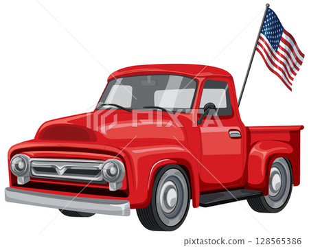 Classic Red Truck with American Flag Illustration Classic Red Truck with American Flag Illustration 128565386